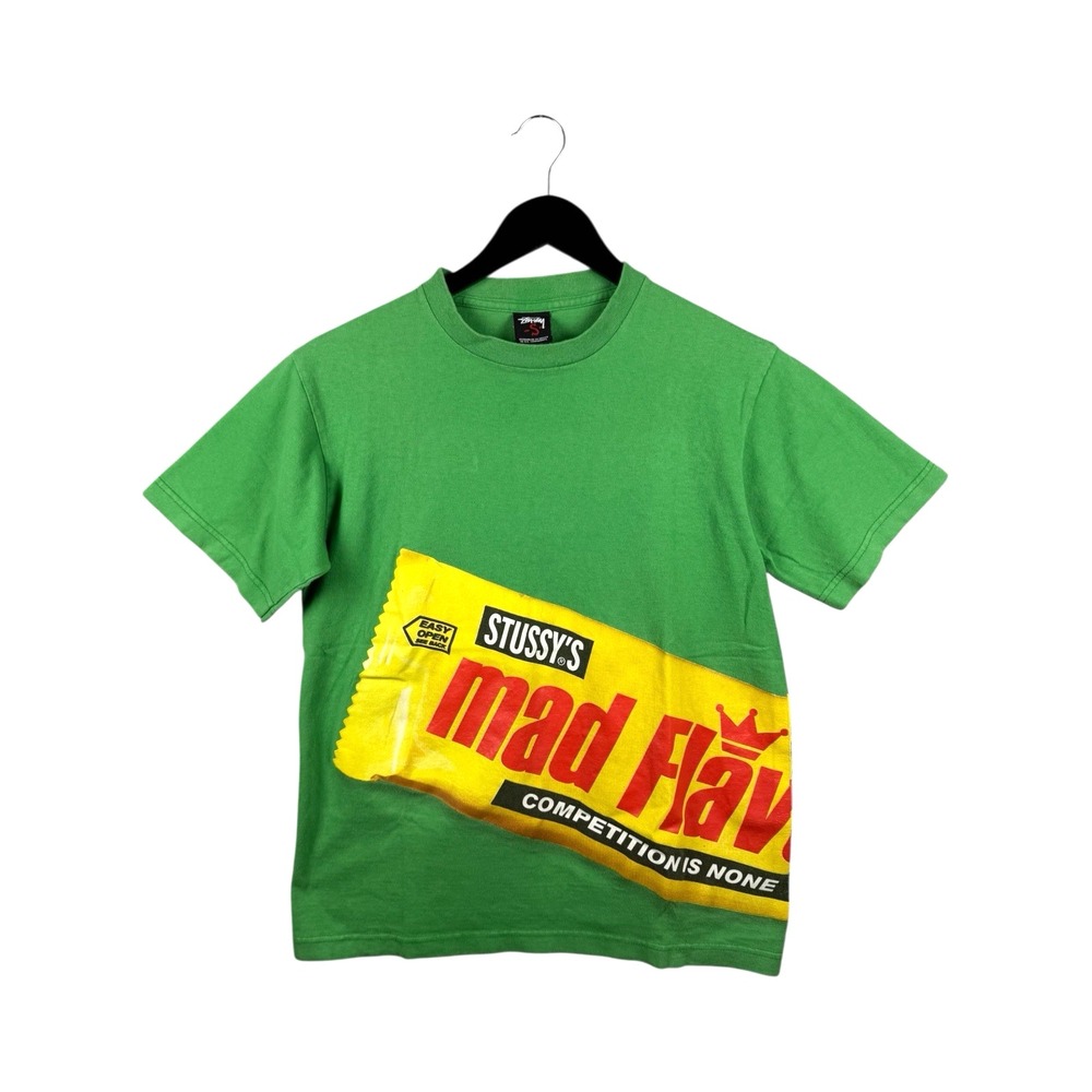 STUSSY Mad Flavor Vintage Y2K Men's Big Logo Green Cotton T Shirt Size S Small